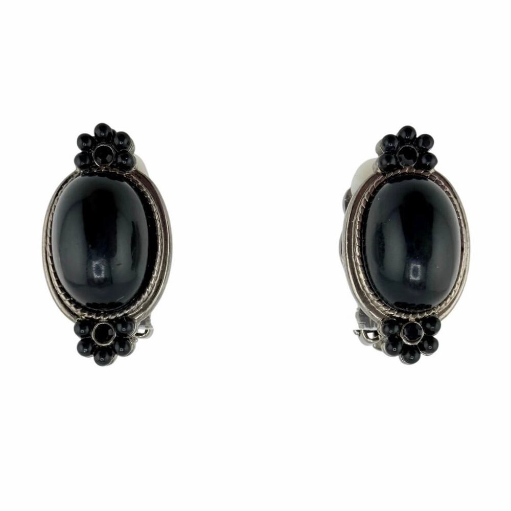 Vintage Victorian Style Black Rhinestones Gunmetal Clip On 1" Earrings